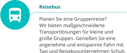 Reisebus  Planen Sie eine Gruppenreise?  Wir bieten maßgeschneiderte Transportlösungen für kleine und große Gruppen. Genießen Sie eine angenehme und entspannte Fahrt mit Taxi und Reisebusunternehmen Schuh.